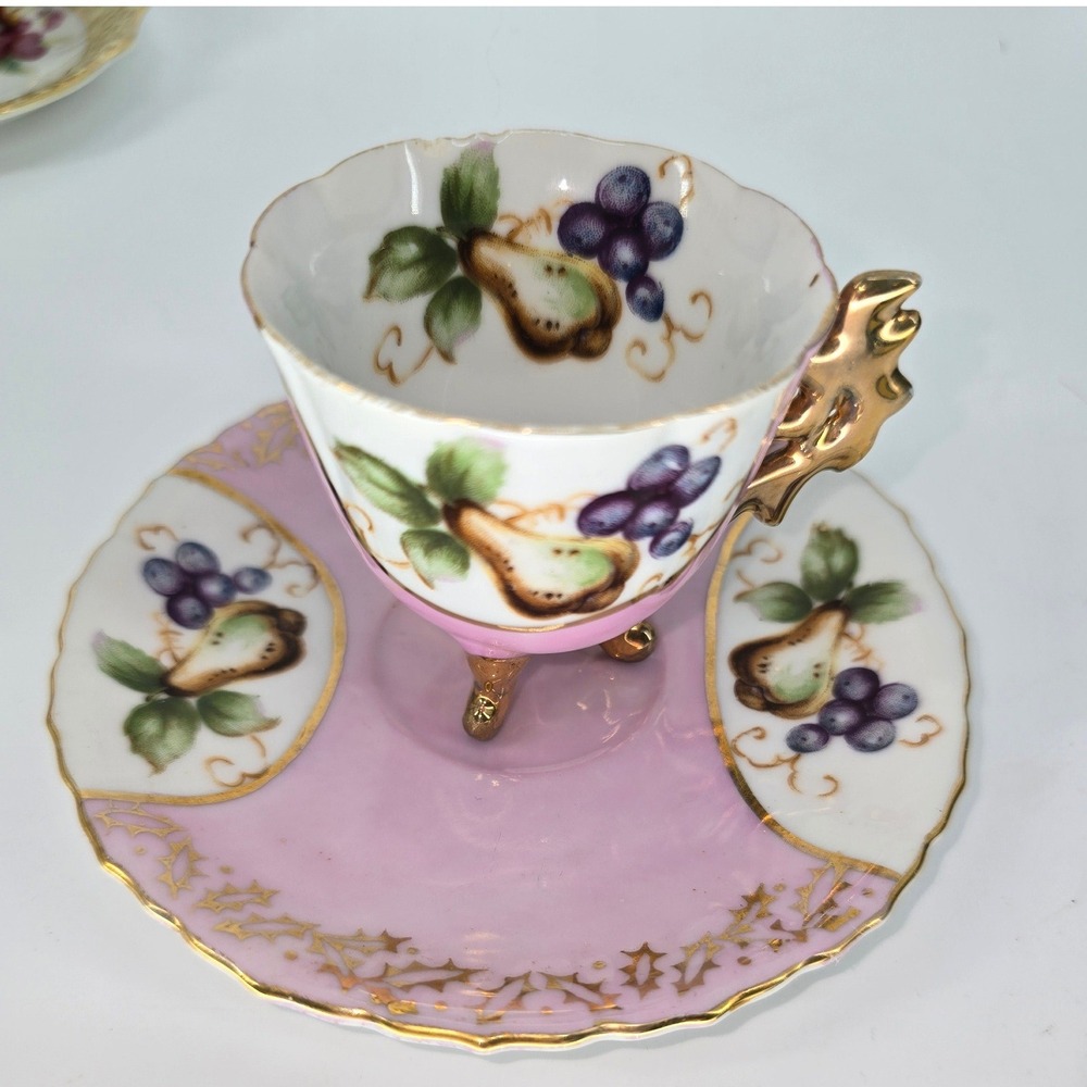 Vintage Footed Miniature Teacup Saucer Set Pink Gold Trim Fruit‎ Pear Grapes
